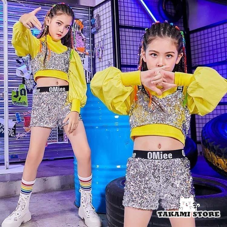 ジャズダンス衣装 HIPHOP ダンストップス Tシャツ ショートパンツ 演奏会 応援団 韓国ダンス 衣装 キッズ チア チアガール キラキラ スパンコール