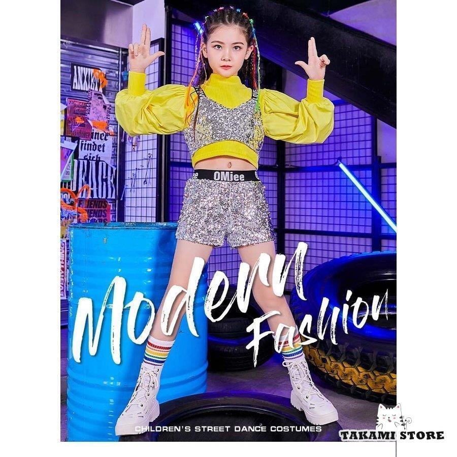 ジャズダンス衣装 HIPHOP ダンストップス Tシャツ ショートパンツ 演奏会 応援団 韓国ダンス 衣装 キッズ チア チアガール キラキラ スパンコール