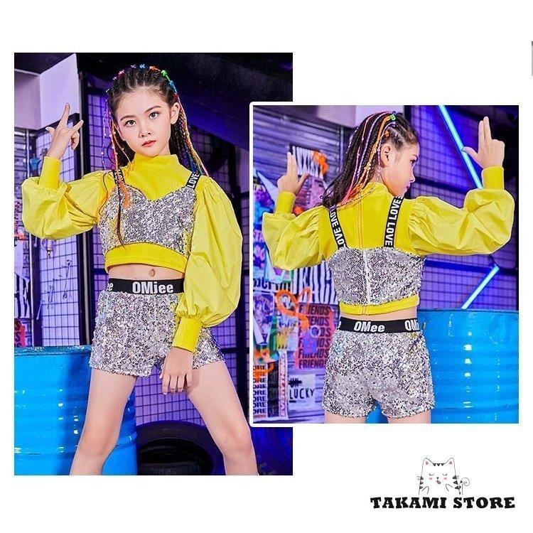 ジャズダンス衣装 HIPHOP ダンストップス Tシャツ ショートパンツ 演奏会 応援団 韓国ダンス 衣装 キッズ チア チアガール キラキラ スパンコール