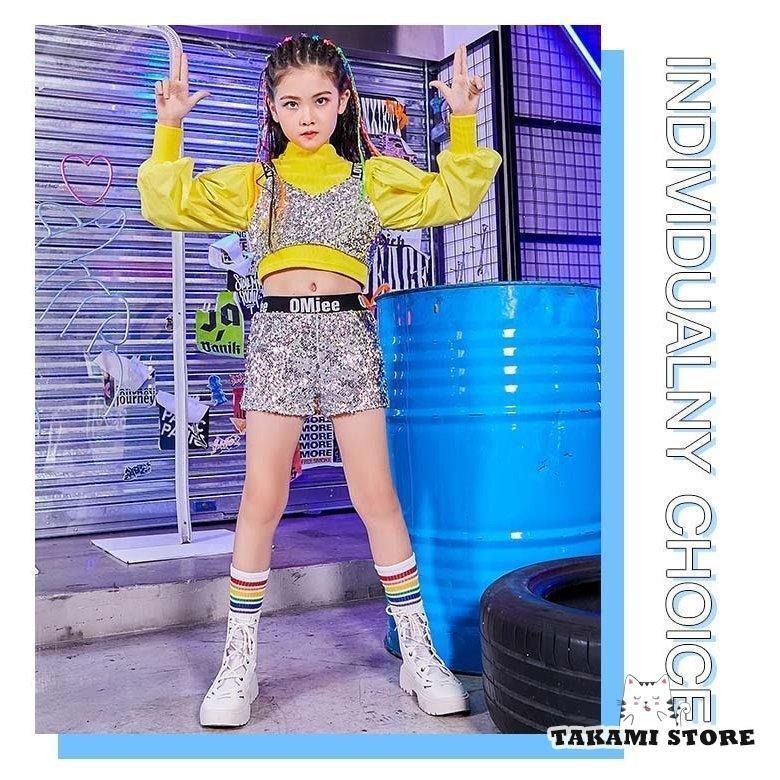 ジャズダンス衣装 HIPHOP ダンストップス Tシャツ ショートパンツ 演奏会 応援団 韓国ダンス 衣装 キッズ チア チアガール キラキラ スパンコール
