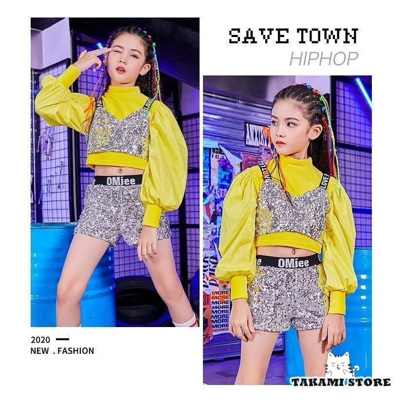 ジャズダンス衣装 HIPHOP ダンストップス Tシャツ ショートパンツ 演奏会 応援団 韓国ダンス 衣装 キッズ チア チアガール キラキラ スパンコール
