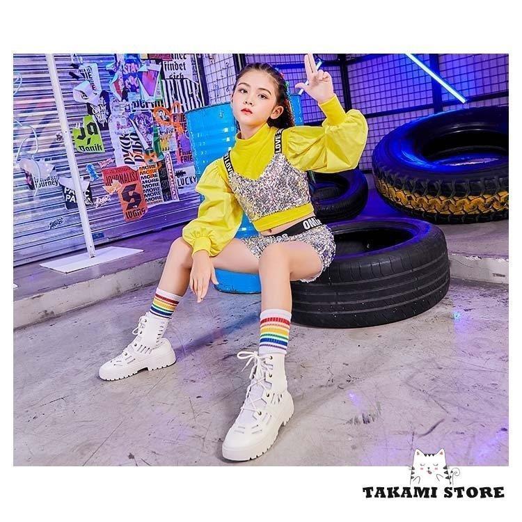 ジャズダンス衣装 HIPHOP ダンストップス Tシャツ ショートパンツ 演奏会 応援団 韓国ダンス 衣装 キッズ チア チアガール キラキラ スパンコール