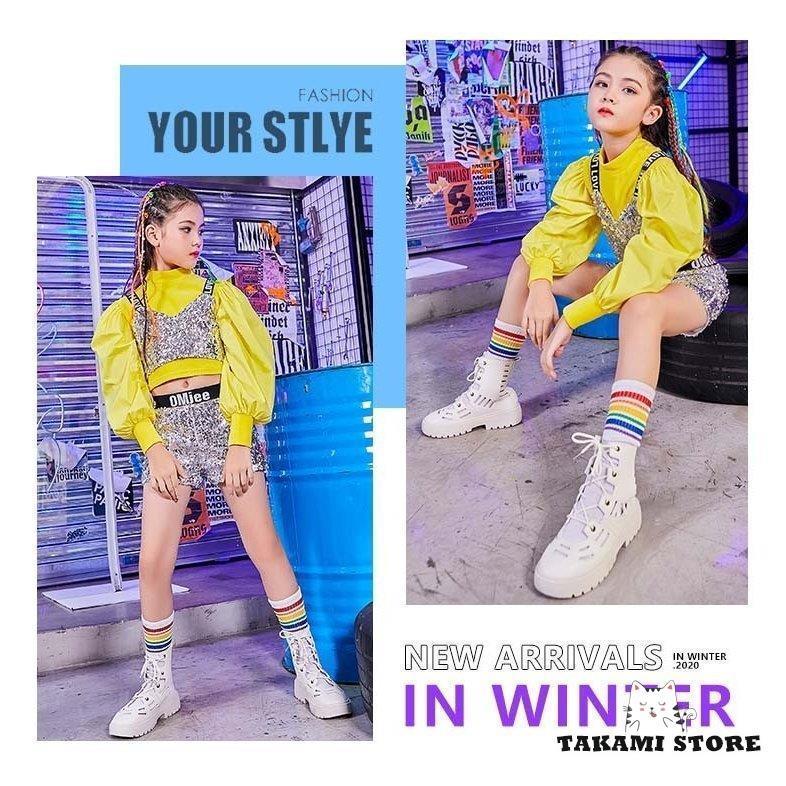 ジャズダンス衣装 HIPHOP ダンストップス Tシャツ ショートパンツ 演奏会 応援団 韓国ダンス 衣装 キッズ チア チアガール キラキラ スパンコール