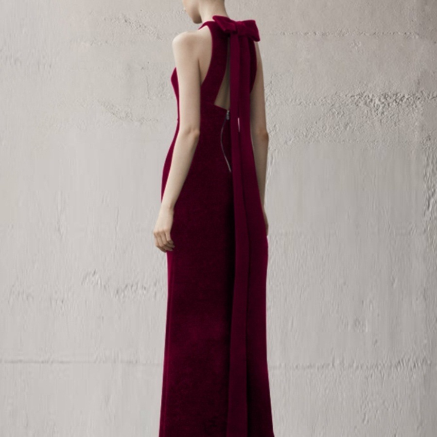 ドレス 衣装 イブニングドレス ロングドレス タイトドレス ホルダーネック フィッシュテール タイト バックリボン 背中開き バックシャン ステージドレス 発表会 かわいい 大人可愛い きれいめ