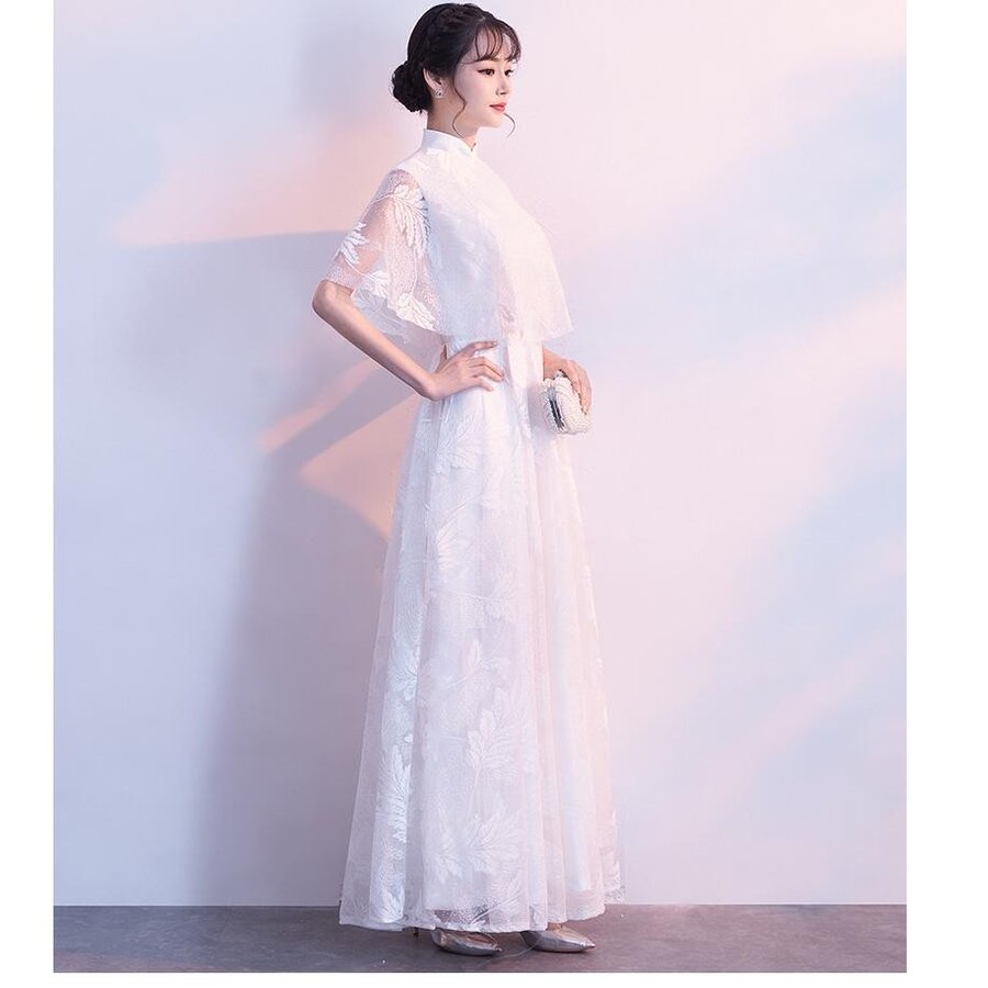 ロング丈ドレス 袖あり Aライン パーティードレス ウエディングドレス 結婚式 お呼ばれ 二次会 披