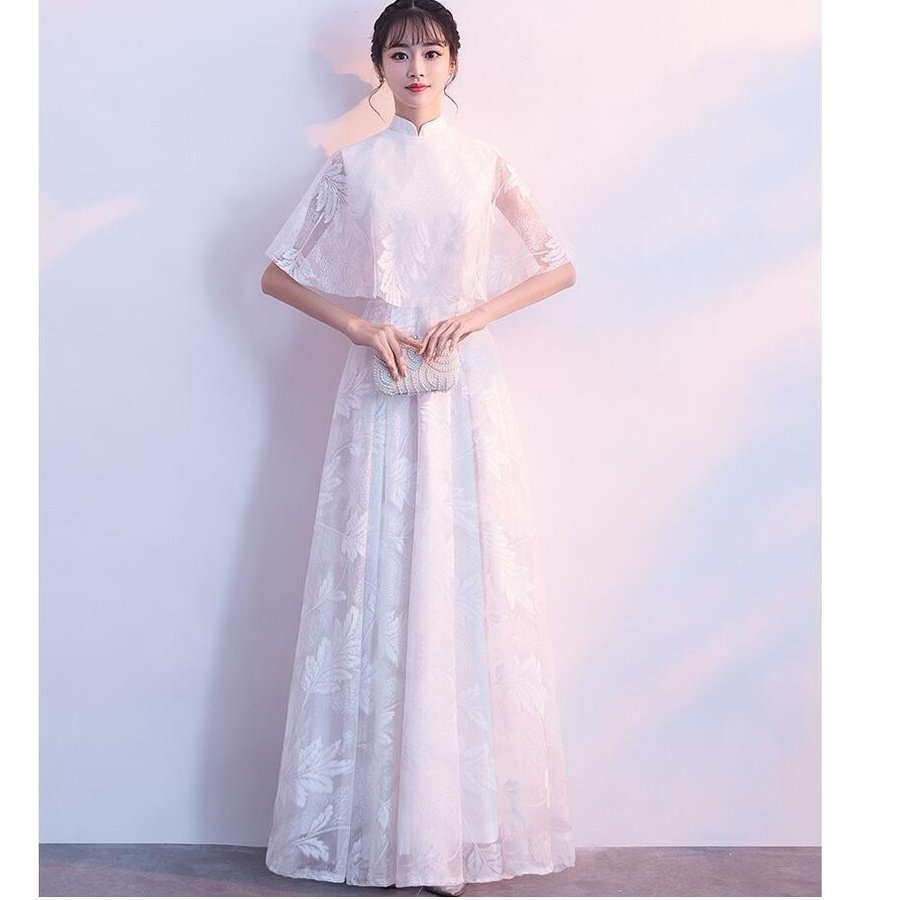 ロング丈ドレス 袖あり Aライン パーティードレス ウエディングドレス 結婚式 お呼ばれ 二次会 披