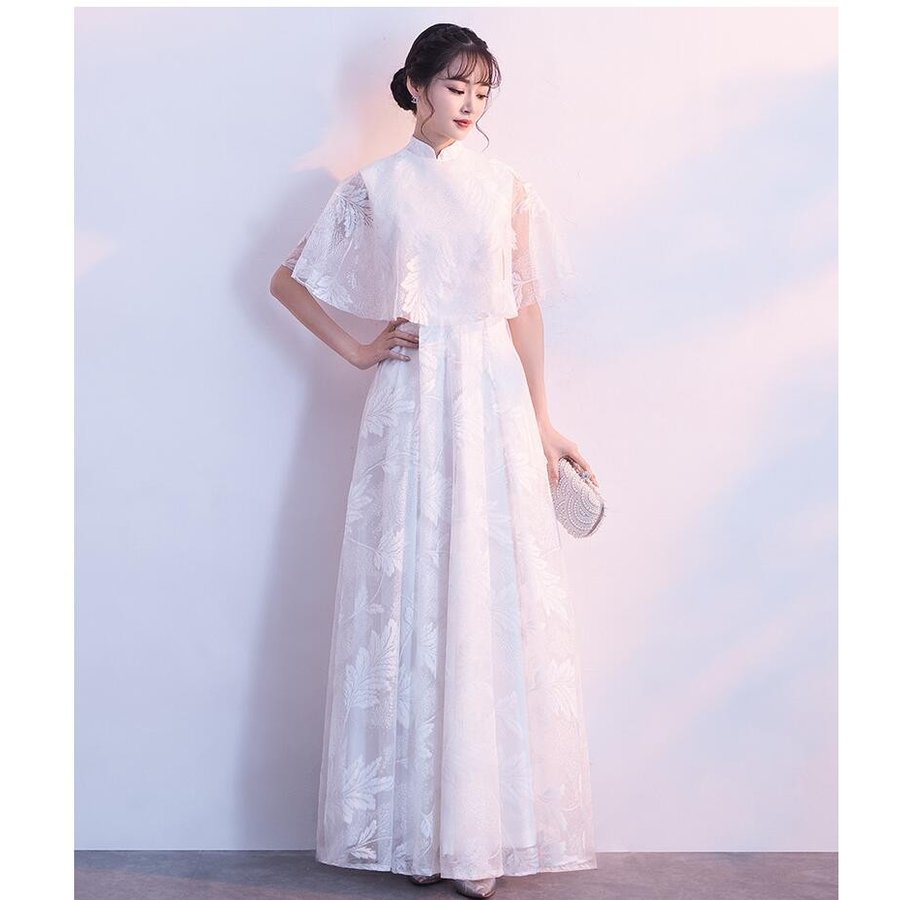 ロング丈ドレス 袖あり Aライン パーティードレス ウエディングドレス 結婚式 お呼ばれ 二次会 披