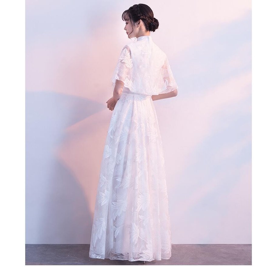 ロング丈ドレス 袖あり Aライン パーティードレス ウエディングドレス 結婚式 お呼ばれ 二次会 披