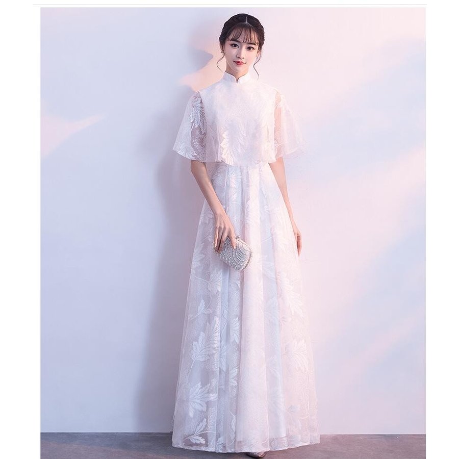 ロング丈ドレス 袖あり Aライン パーティードレス ウエディングドレス 結婚式 お呼ばれ 二次会 披