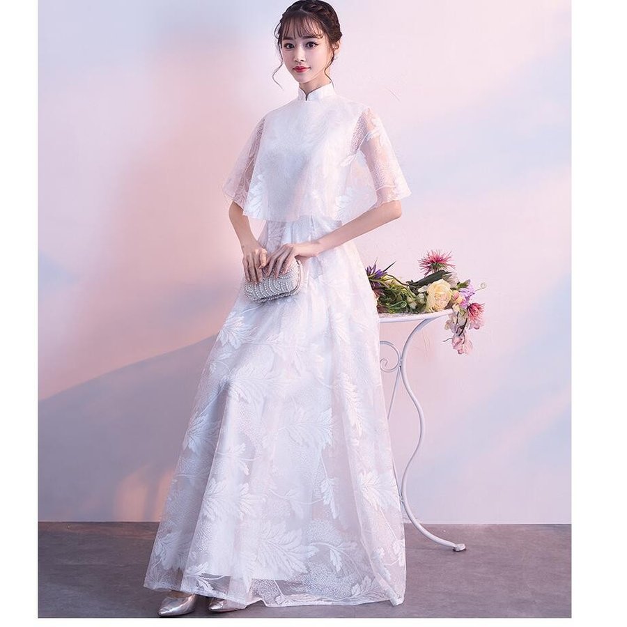 ロング丈ドレス 袖あり Aライン パーティードレス ウエディングドレス 結婚式 お呼ばれ 二次会 披