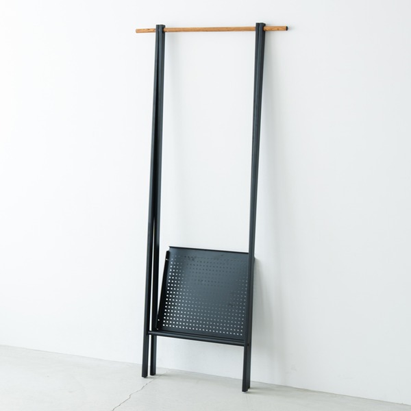 [2個セット]棚付木目柄ハンガーラック（ブラック/黒） 幅70cmx奥行44.5cm NK-231