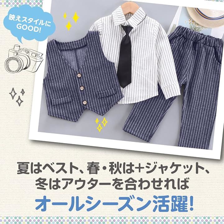 ベビー フォーマル 6点セット 男の子 セットアップ スーツ ベスト シャツ 蝶ネクタイ 90cm( ネイビー, 90)