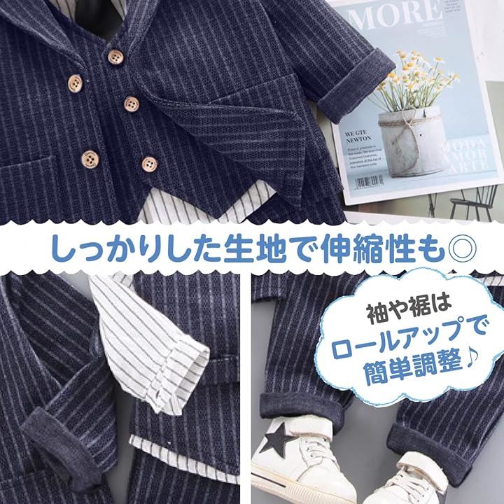 ベビー フォーマル 6点セット 男の子 セットアップ スーツ ベスト シャツ 蝶ネクタイ 90cm( ネイビー, 90)