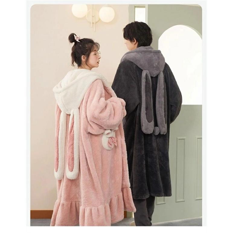 ルームウェア もこもこ パジャマ 兎 冬 長袖 ナイトガウン 着る毛布 前開き フード付き 寝巻き 部屋着 暖かい あったか 着ぐるみ モコモコ 大人用