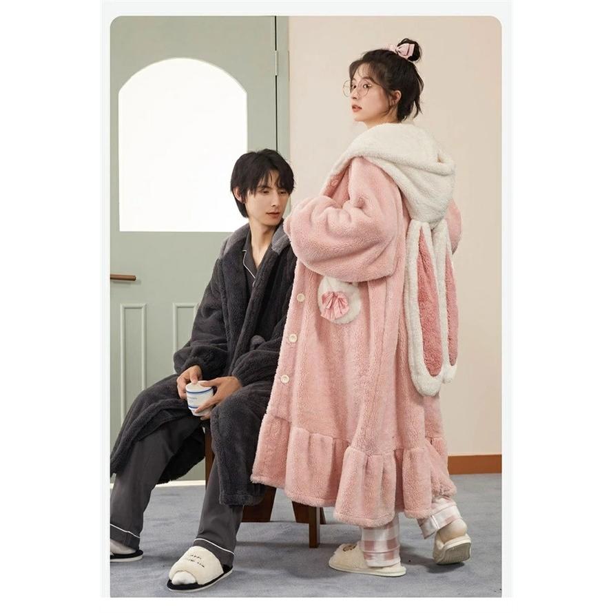 ルームウェア もこもこ パジャマ 兎 冬 長袖 ナイトガウン 着る毛布 前開き フード付き 寝巻き 部屋着 暖かい あったか 着ぐるみ モコモコ 大人用