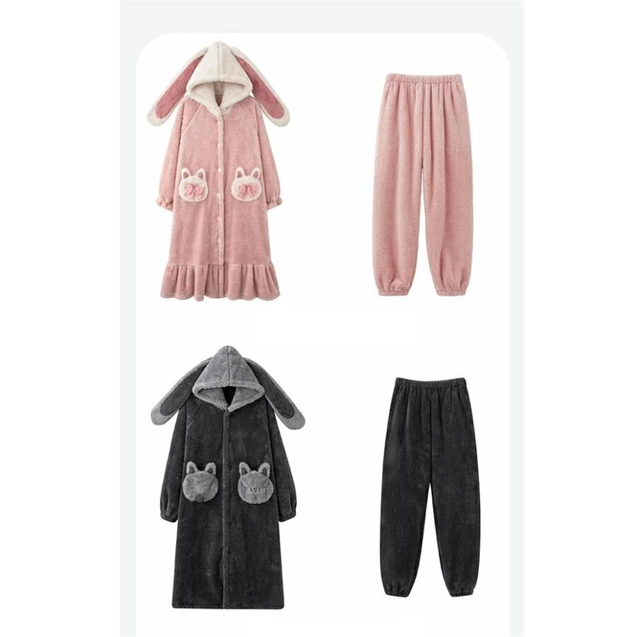 ルームウェア もこもこ パジャマ 兎 冬 長袖 ナイトガウン 着る毛布 前開き フード付き 寝巻き 部屋着 暖かい あったか 着ぐるみ モコモコ 大人用