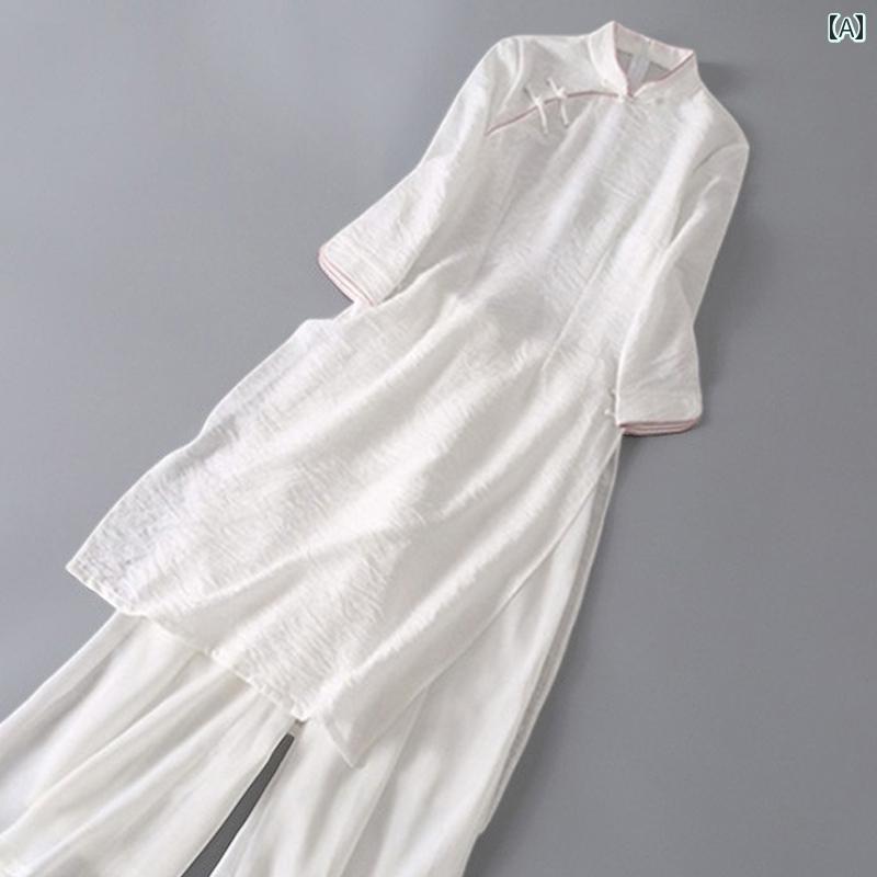 アオザイ チャイナドレス レディース スーツ 夏 禅 綿 リネン レトロ ホワイト ピンク グリーン