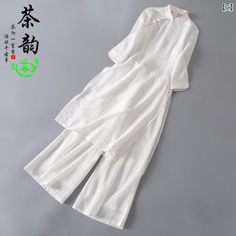 アオザイ チャイナドレス レディース スーツ 夏 禅 綿 リネン レトロ ホワイト ピンク グリーン