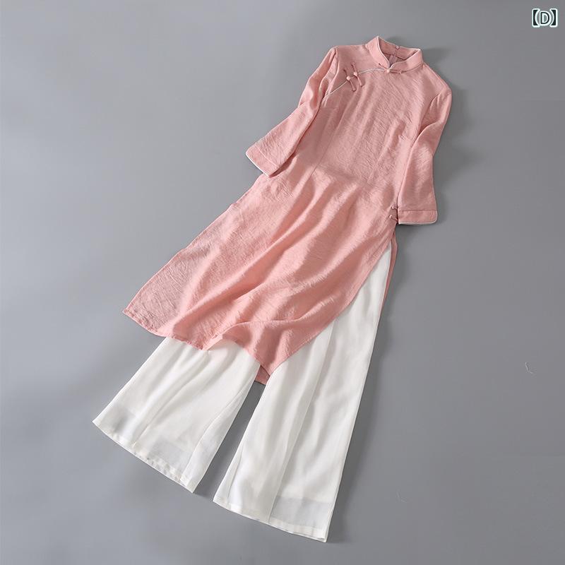 アオザイ チャイナドレス レディース スーツ 夏 禅 綿 リネン レトロ ホワイト ピンク グリーン