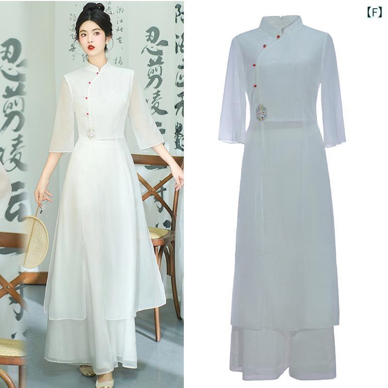 アオザイ チャイナドレス レディース スーツ 夏 禅 綿 リネン レトロ ホワイト ピンク グリーン