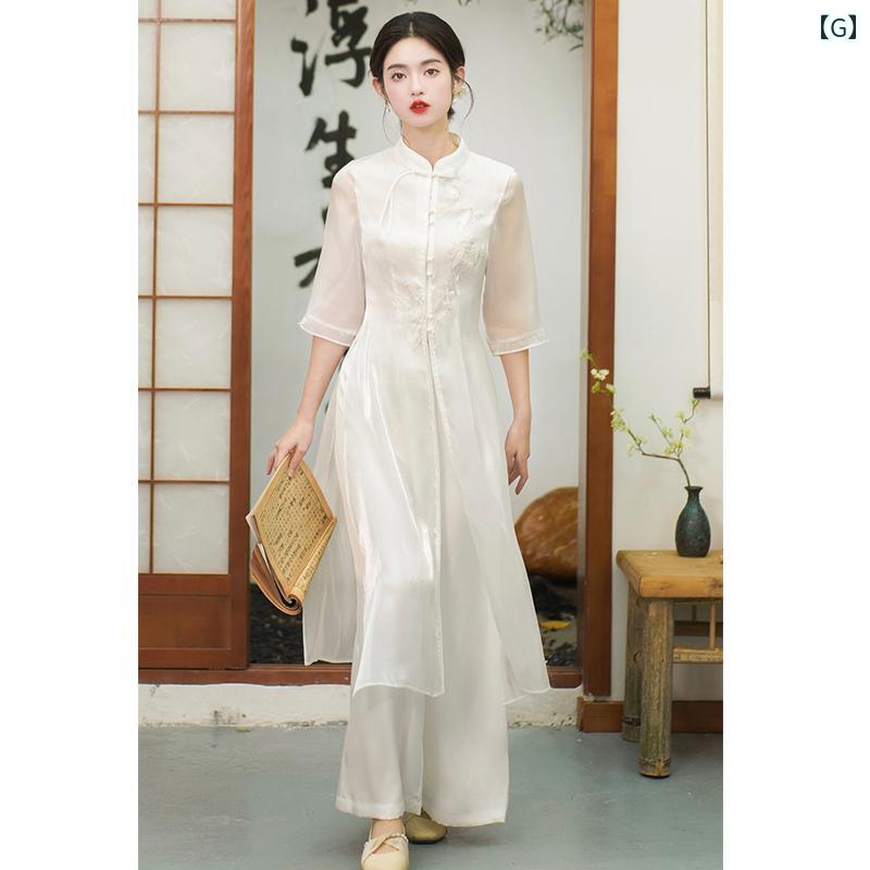 アオザイ チャイナドレス レディース スーツ 夏 禅 綿 リネン レトロ ホワイト ピンク グリーン