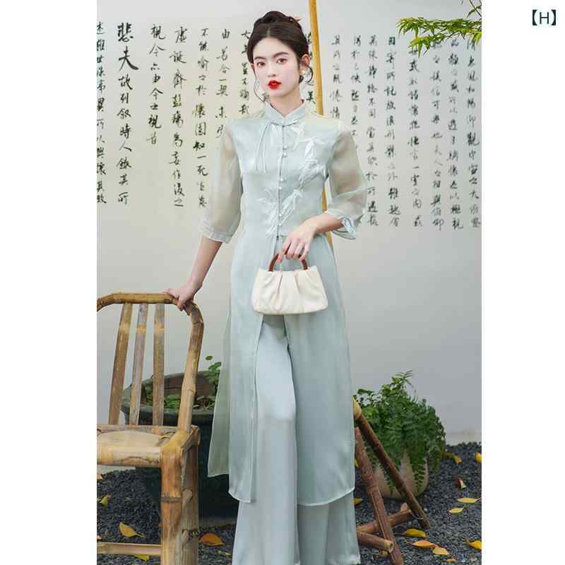 アオザイ チャイナドレス レディース スーツ 夏 禅 綿 リネン レトロ ホワイト ピンク グリーン