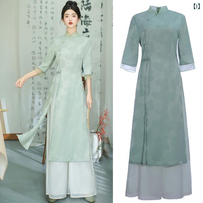 アオザイ チャイナドレス レディース スーツ 夏 禅 綿 リネン レトロ ホワイト ピンク グリーン