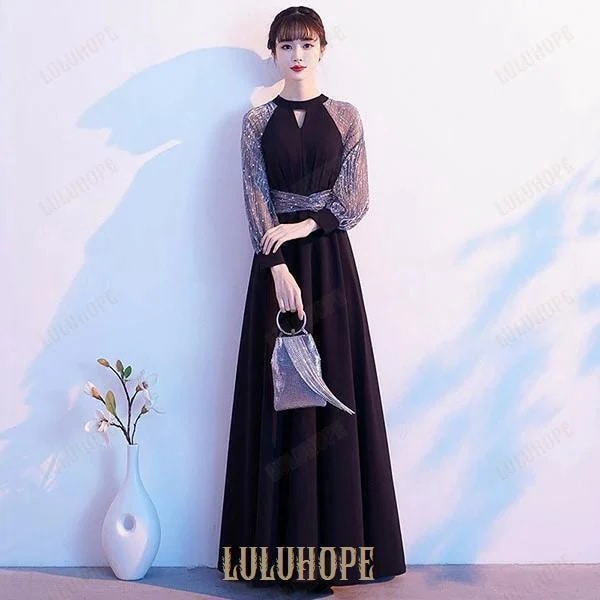 ドレス 大人 ピアノ 発表会 ロングドレス 結婚式 母親 ピアノ発表会 黒ドレス 袖付き キラキラ ワンピース 長袖 演奏会ドレス 演奏会用ドレス パーティードレス