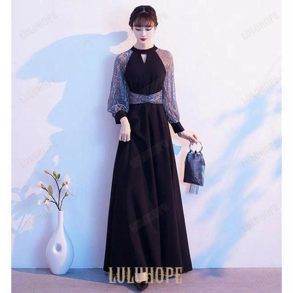 ドレス 大人 ピアノ 発表会 ロングドレス 結婚式 母親 ピアノ発表会 黒ドレス 袖付き キラキラ ワンピース 長袖 演奏会ドレス 演奏会用ドレス パーティードレス