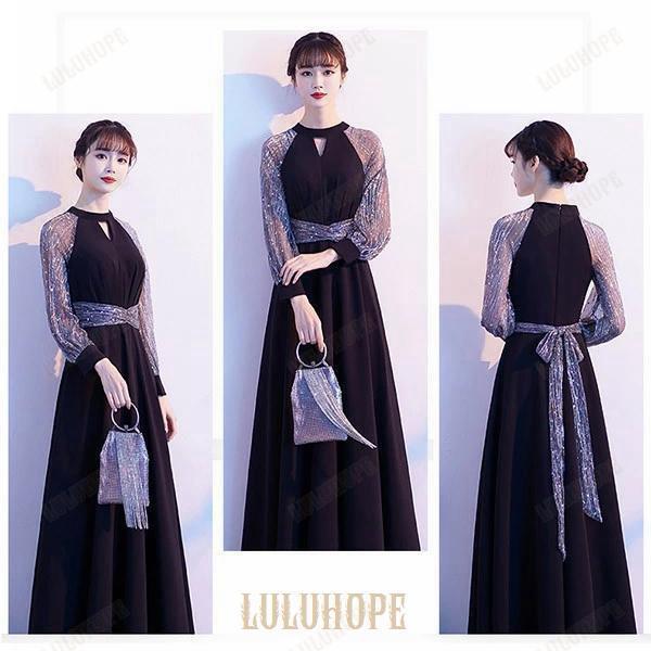 ドレス 大人 ピアノ 発表会 ロングドレス 結婚式 母親 ピアノ発表会 黒ドレス 袖付き キラキラ ワンピース 長袖 演奏会ドレス 演奏会用ドレス パーティードレス