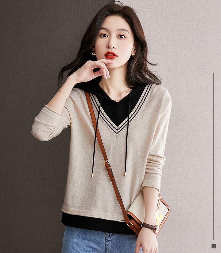 配色デザイン フェイクレイヤード フーディー トップス セーター プルオーバー 長袖 襟なし フード付き ニット 切り替えデザイン 伸縮性 かわいい 大人可愛い シンプル カジュアル 上品 おしゃれ