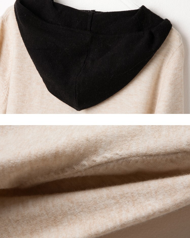 配色デザイン フェイクレイヤード フーディー トップス セーター プルオーバー 長袖 襟なし フード付き ニット 切り替えデザイン 伸縮性 かわいい 大人可愛い シンプル カジュアル 上品 おしゃれ