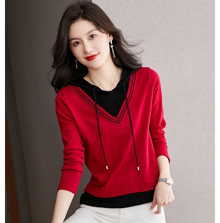 配色デザイン フェイクレイヤード フーディー トップス セーター プルオーバー 長袖 襟なし フード付き ニット 切り替えデザイン 伸縮性 かわいい 大人可愛い シンプル カジュアル 上品 おしゃれ