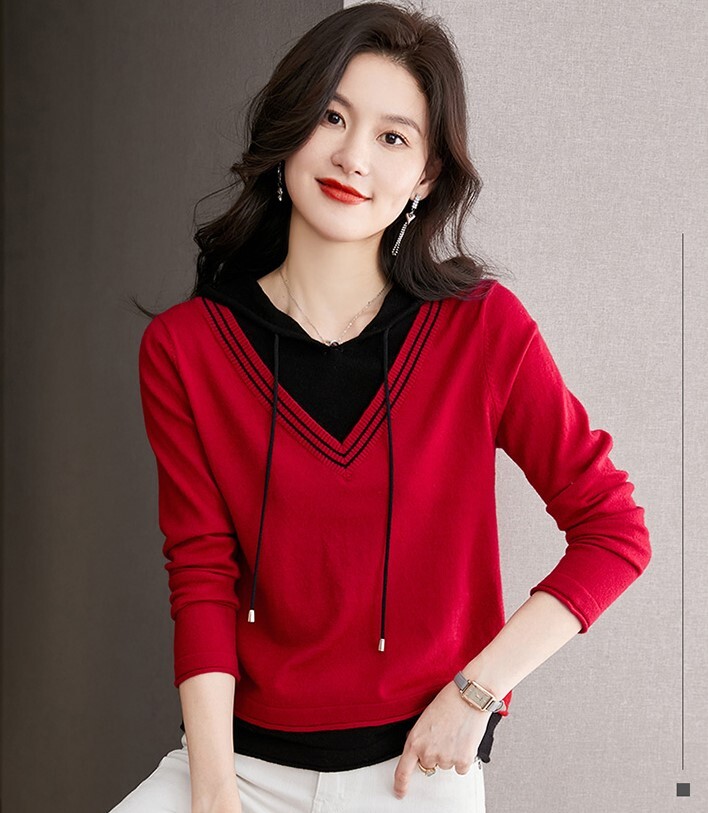 配色デザイン フェイクレイヤード フーディー トップス セーター プルオーバー 長袖 襟なし フード付き ニット 切り替えデザイン 伸縮性 かわいい 大人可愛い シンプル カジュアル 上品 おしゃれ