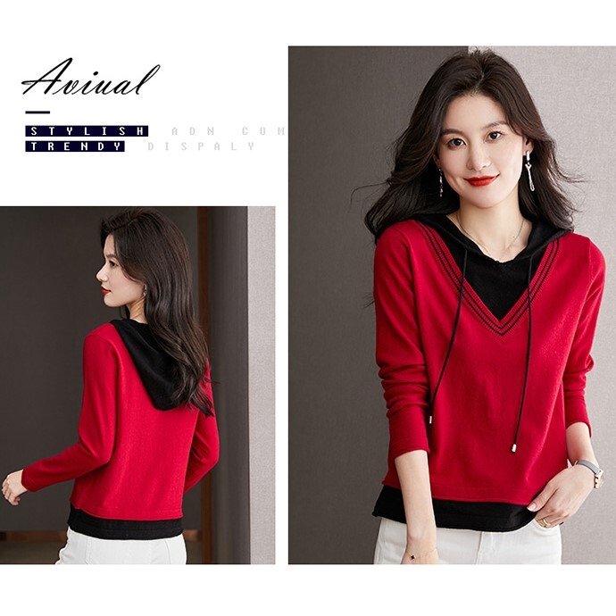 配色デザイン フェイクレイヤード フーディー トップス セーター プルオーバー 長袖 襟なし フード付き ニット 切り替えデザイン 伸縮性 かわいい 大人可愛い シンプル カジュアル 上品 おしゃれ