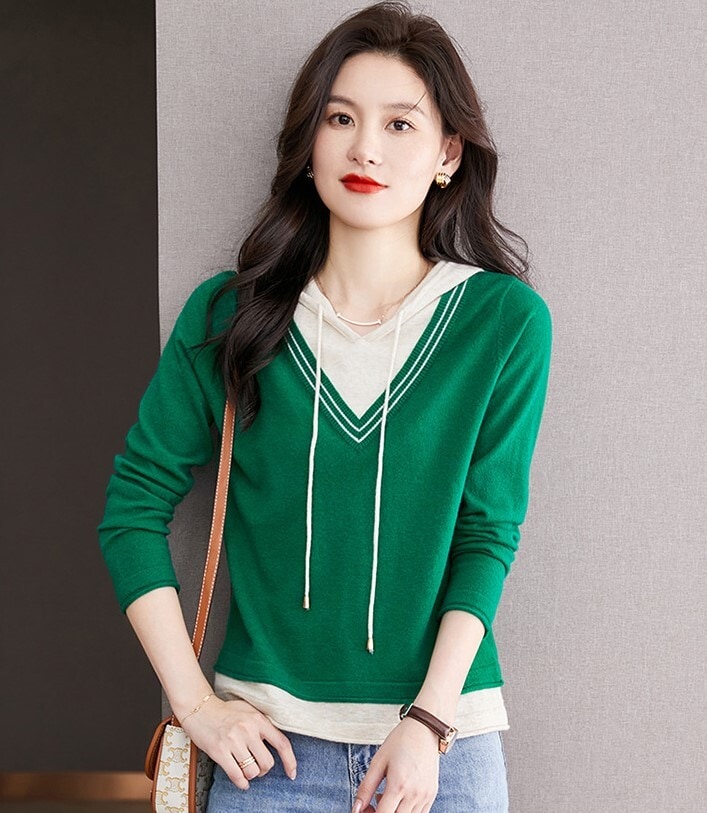 配色デザイン フェイクレイヤード フーディー トップス セーター プルオーバー 長袖 襟なし フード付き ニット 切り替えデザイン 伸縮性 かわいい 大人可愛い シンプル カジュアル 上品 おしゃれ