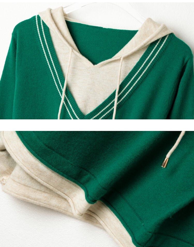 配色デザイン フェイクレイヤード フーディー トップス セーター プルオーバー 長袖 襟なし フード付き ニット 切り替えデザイン 伸縮性 かわいい 大人可愛い シンプル カジュアル 上品 おしゃれ