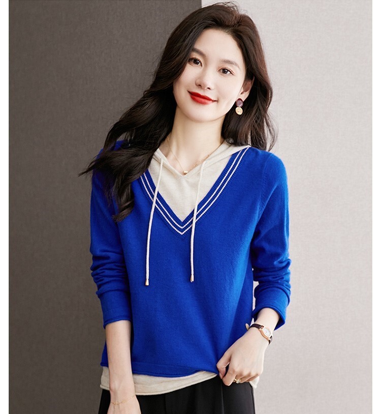 配色デザイン フェイクレイヤード フーディー トップス セーター プルオーバー 長袖 襟なし フード付き ニット 切り替えデザイン 伸縮性 かわいい 大人可愛い シンプル カジュアル 上品 おしゃれ