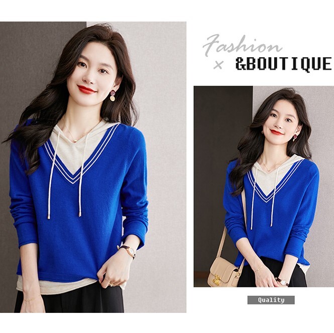 配色デザイン フェイクレイヤード フーディー トップス セーター プルオーバー 長袖 襟なし フード付き ニット 切り替えデザイン 伸縮性 かわいい 大人可愛い シンプル カジュアル 上品 おしゃれ