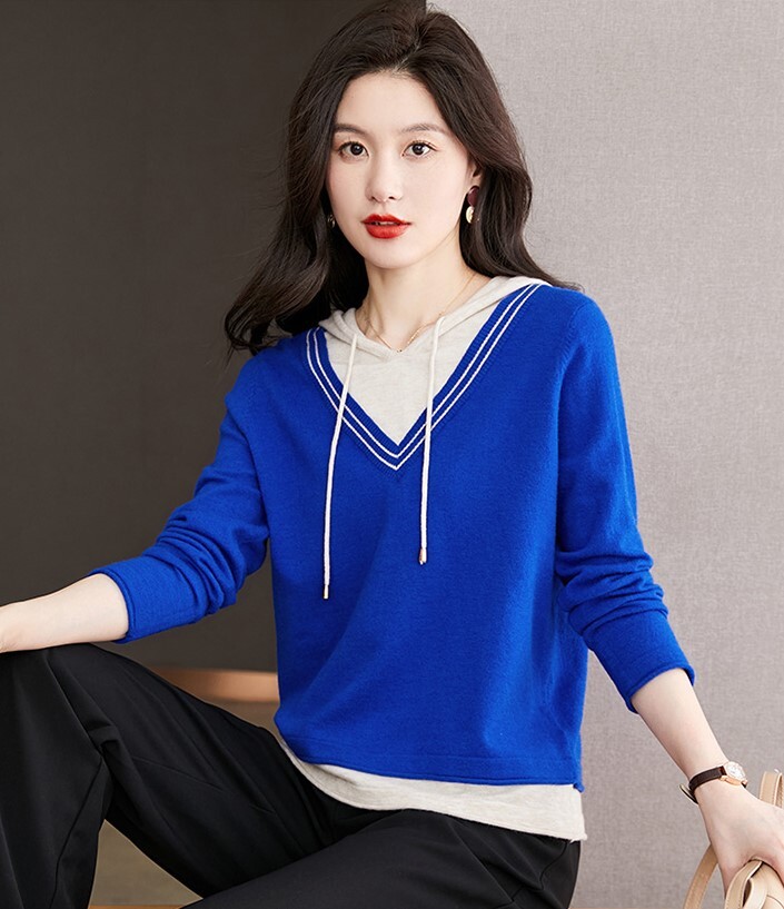 配色デザイン フェイクレイヤード フーディー トップス セーター プルオーバー 長袖 襟なし フード付き ニット 切り替えデザイン 伸縮性 かわいい 大人可愛い シンプル カジュアル 上品 おしゃれ