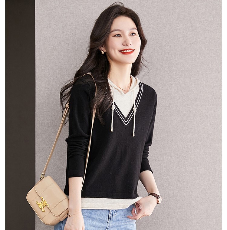 配色デザイン フェイクレイヤード フーディー トップス セーター プルオーバー 長袖 襟なし フード付き ニット 切り替えデザイン 伸縮性 かわいい 大人可愛い シンプル カジュアル 上品 おしゃれ