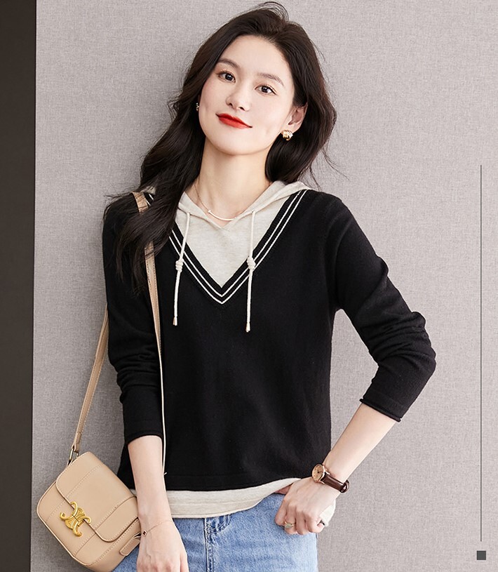 配色デザイン フェイクレイヤード フーディー トップス セーター プルオーバー 長袖 襟なし フード付き ニット 切り替えデザイン 伸縮性 かわいい 大人可愛い シンプル カジュアル 上品 おしゃれ