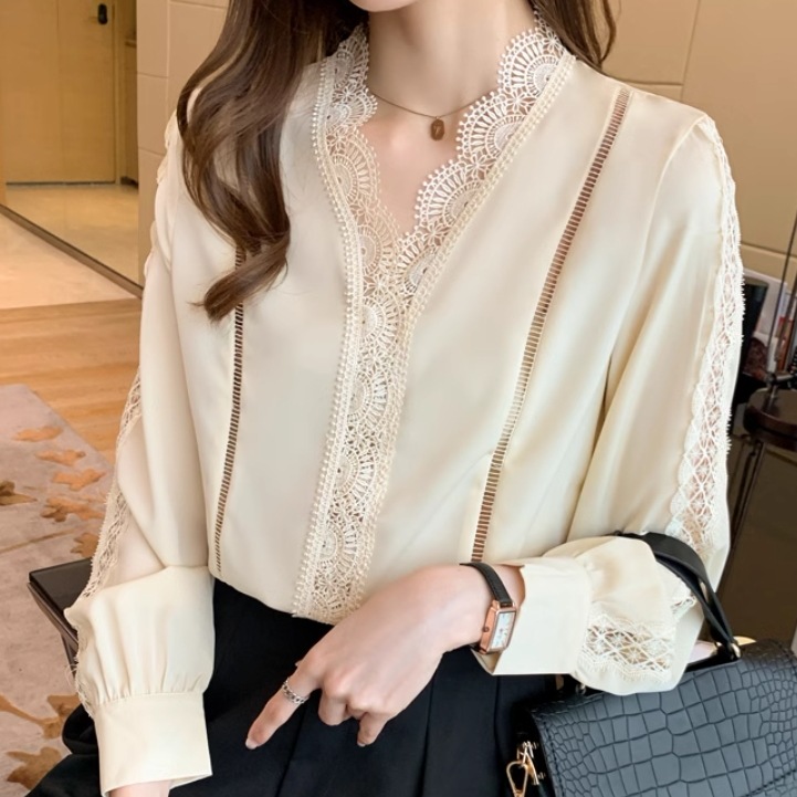 レディース トップス シャツ ブラウス プルオーバー 長袖 Vネック 襟なし レース 透け感 薄手 かわいい 大人可愛い きれいめ シンプル カジュアル 上品 おしゃれ レトロ こなれ感 ラフ ルーズ