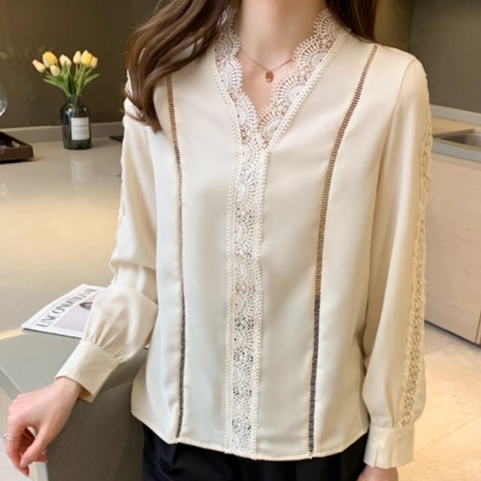 レディース トップス シャツ ブラウス プルオーバー 長袖 Vネック 襟なし レース 透け感 薄手 かわいい 大人可愛い きれいめ シンプル カジュアル 上品 おしゃれ レトロ こなれ感 ラフ ルーズ