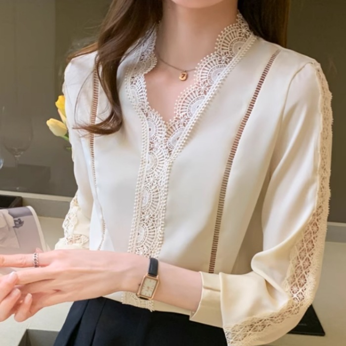 レディース トップス シャツ ブラウス プルオーバー 長袖 Vネック 襟なし レース 透け感 薄手 かわいい 大人可愛い きれいめ シンプル カジュアル 上品 おしゃれ レトロ こなれ感 ラフ ルーズ