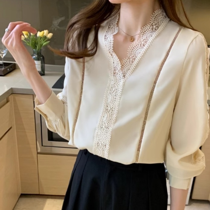 レディース トップス シャツ ブラウス プルオーバー 長袖 Vネック 襟なし レース 透け感 薄手 かわいい 大人可愛い きれいめ シンプル カジュアル 上品 おしゃれ レトロ こなれ感 ラフ ルーズ