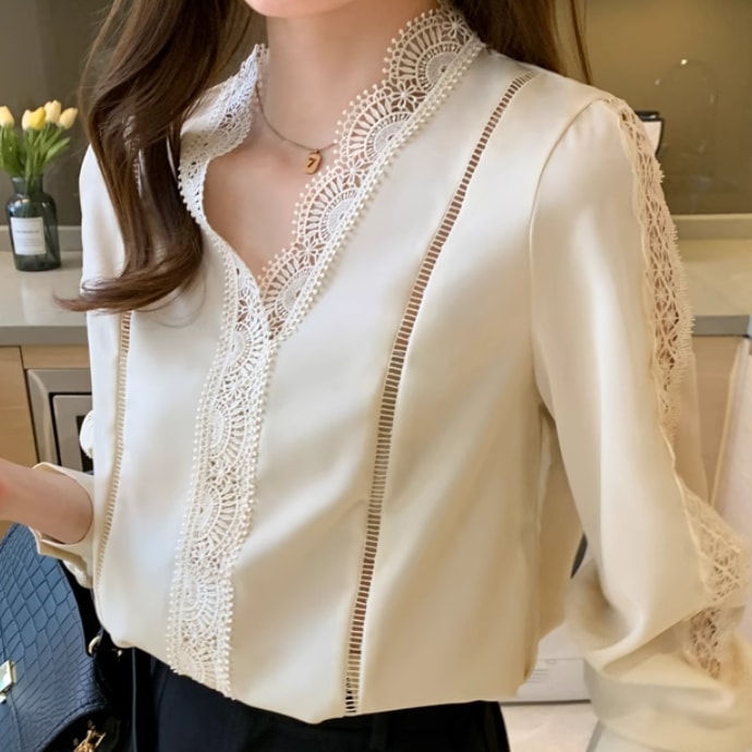レディース トップス シャツ ブラウス プルオーバー 長袖 Vネック 襟なし レース 透け感 薄手 かわいい 大人可愛い きれいめ シンプル カジュアル 上品 おしゃれ レトロ こなれ感 ラフ ルーズ