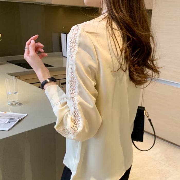 レディース トップス シャツ ブラウス プルオーバー 長袖 Vネック 襟なし レース 透け感 薄手 かわいい 大人可愛い きれいめ シンプル カジュアル 上品 おしゃれ レトロ こなれ感 ラフ ルーズ