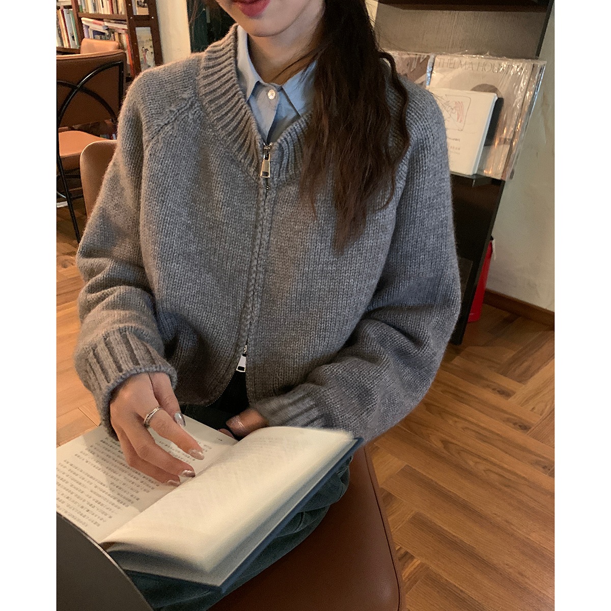 ダブルジッパーニットカーディガン2024秋韓国風万能おしゃれデザイントップス ダブルジッパーニットカーディガン2024秋韓国風万能おしゃれデザイントップス