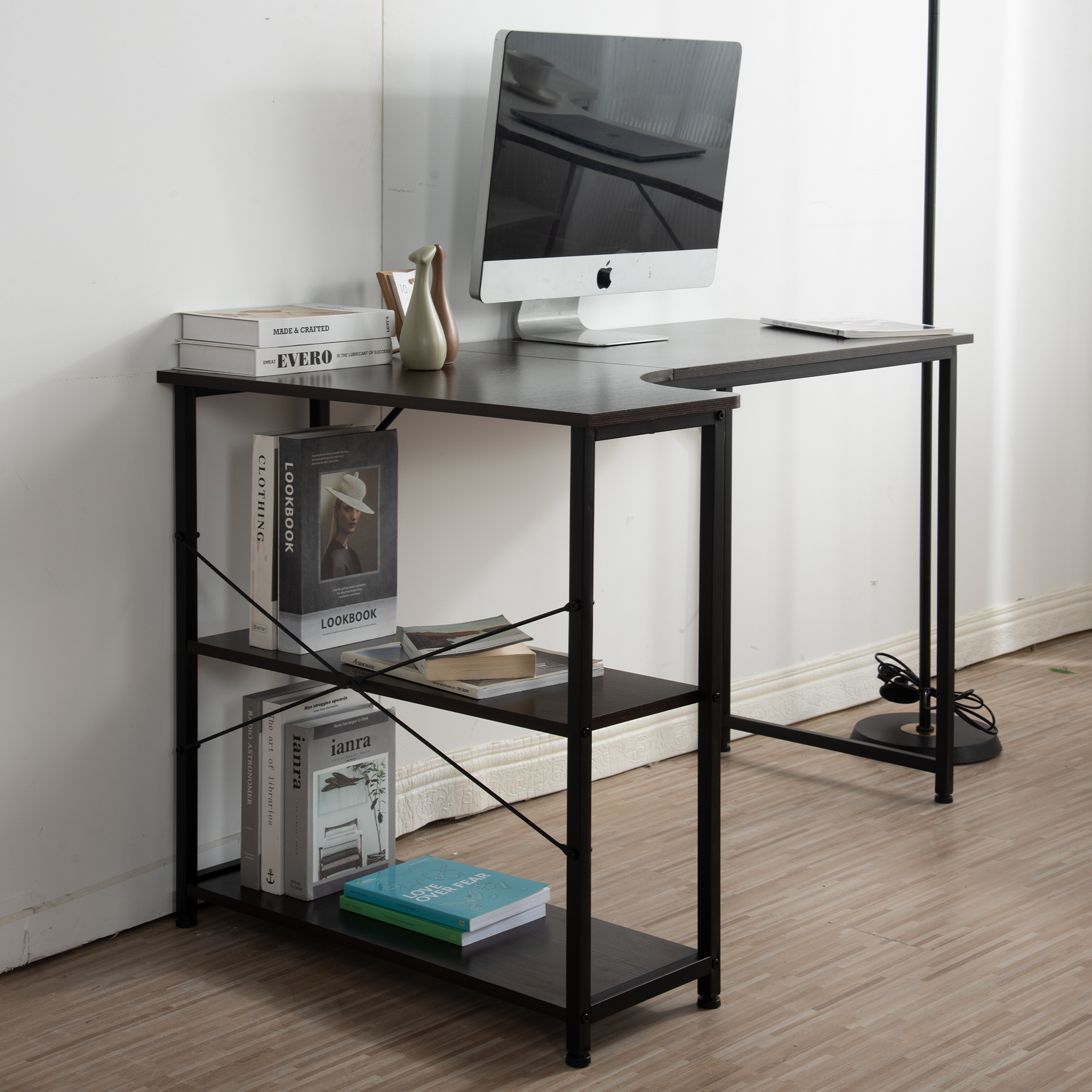 パソコンデスク L字-右棚 　120cm　2段ラック付 デスク木製 ミシン台 Amazon | パソコンデスク L字 120cm 2段ラック付 デスク木製 ミシン台